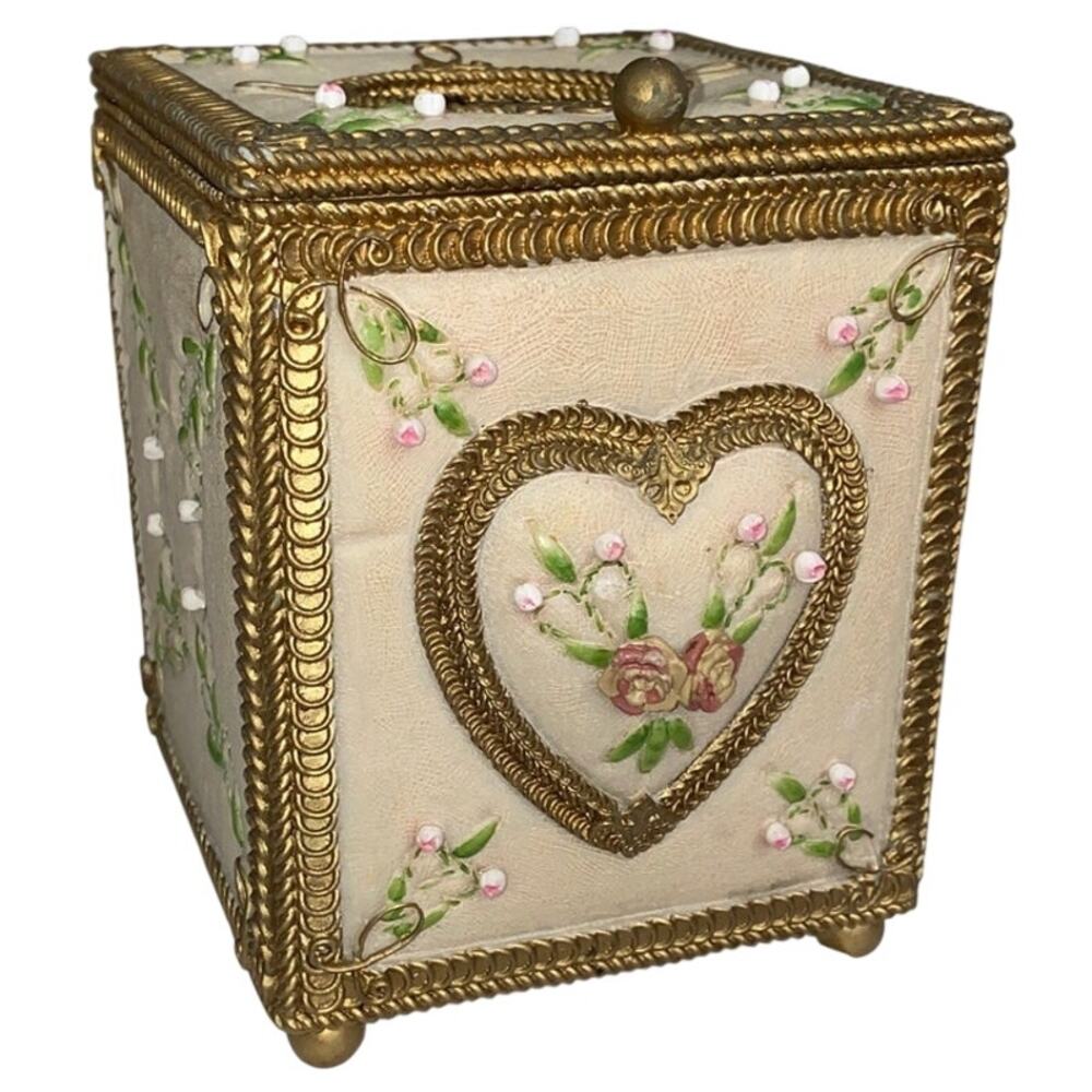 Resin Tissue Box Holder Cover Gold Trim-Flowers-Heart Collection Roses Floral